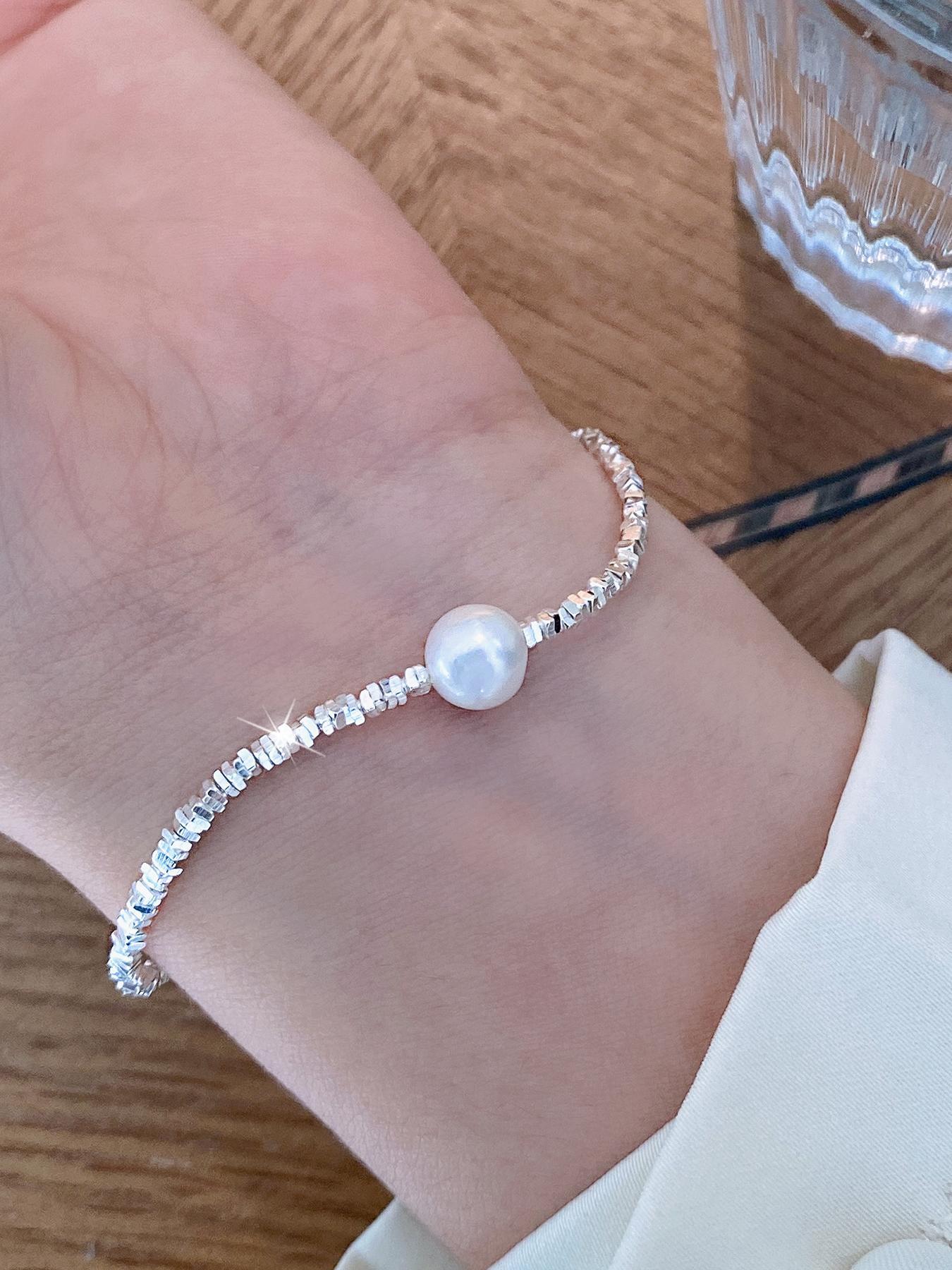 S925 Sterling Silver Faux Pearl Decorated Bracelet, Fashion Jewelry for Party, Daily Clothing Decor, Trendy All-match & Exquisite Jewelry for Birthday Gift