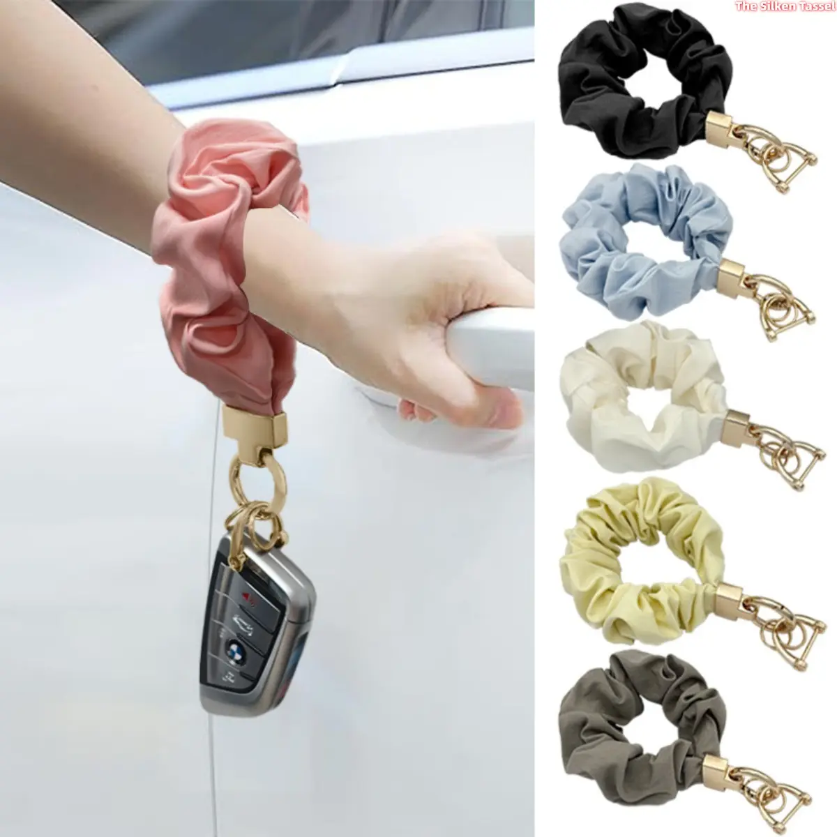 Soft Fabric Scrunchie Wristlet Keychain for Women, Casual Key Fob Holder with Detachable Ring, Small Bag Charm for Car Keys & Water Bottle, Key Fob Cover