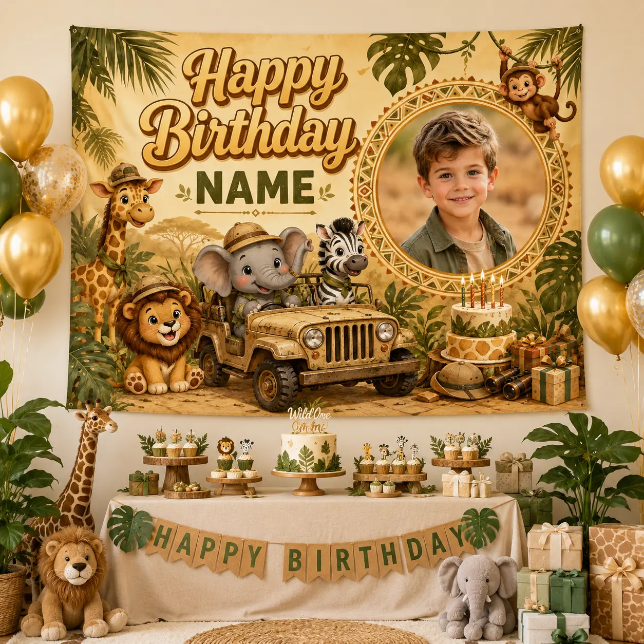 Personalized Safari Birthday Backdrop with Custom Photo & Name, Vintage Jungle Animal Adventure Party Banner, Lion Elephant Safari Photo Booth Background Decorations