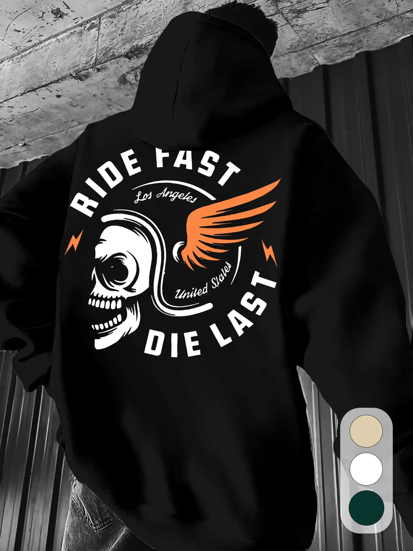 Men Women Vintage Biker Skull Lightning Wing Back Graphic Print Hoodie Ride Fast Die Last LA Motorcycle Rider Casual Oversized Hooded Top Multi Colors Available #bikerwear #fyp