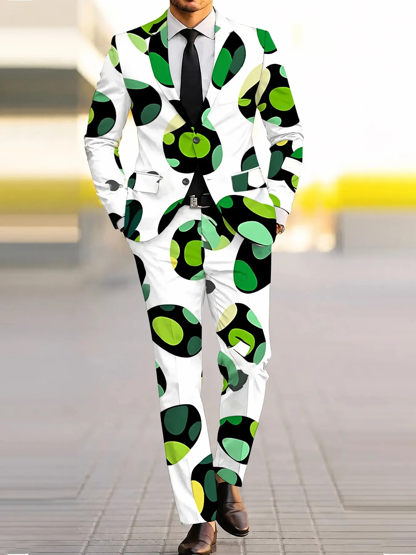 Men's Artistic Polka Dot Print Blazer Set, Two-Piece Suit with Matching Pants, 3D Digital Print, All over print, Slim-Fit, Evening Wear, Stage Performance