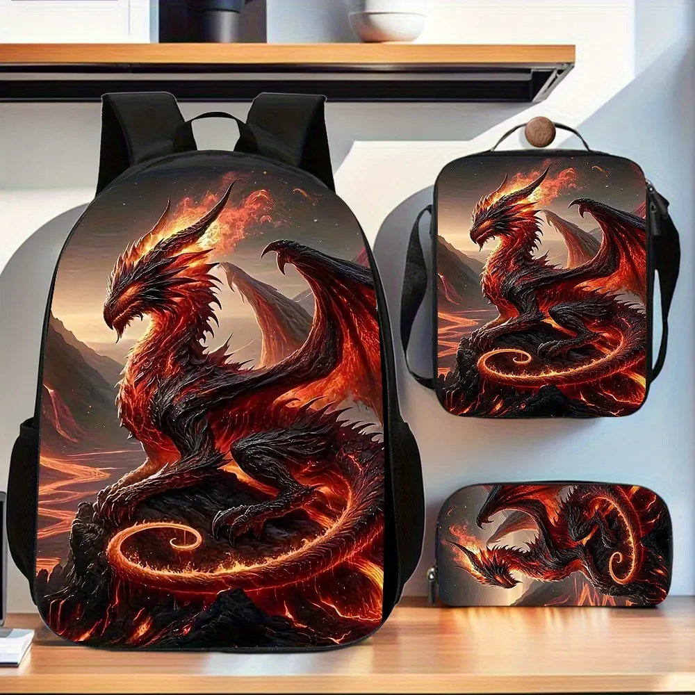 Cool dragon 3pcs Trendy Backpack Set, backpack lunch bag pencil case set with adjustable shoulder straps and zippered handbag with large capacity, Perfect School Bag Set for Student Commuting for Travel Use