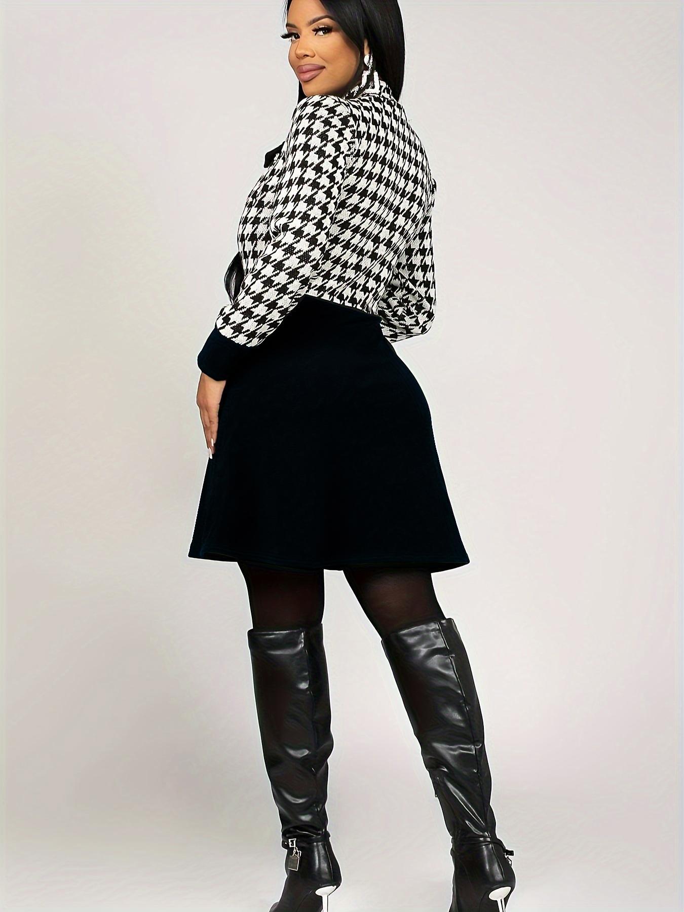 Women's Houndstooth Patchwork Print Pocket Zipper Design A Line Dress, Chic Elegant Stand Collar Long Sleeve Short Dress for Spring & Fall, Casual Everyday Wear, Ladies Clothes for Daily Wear