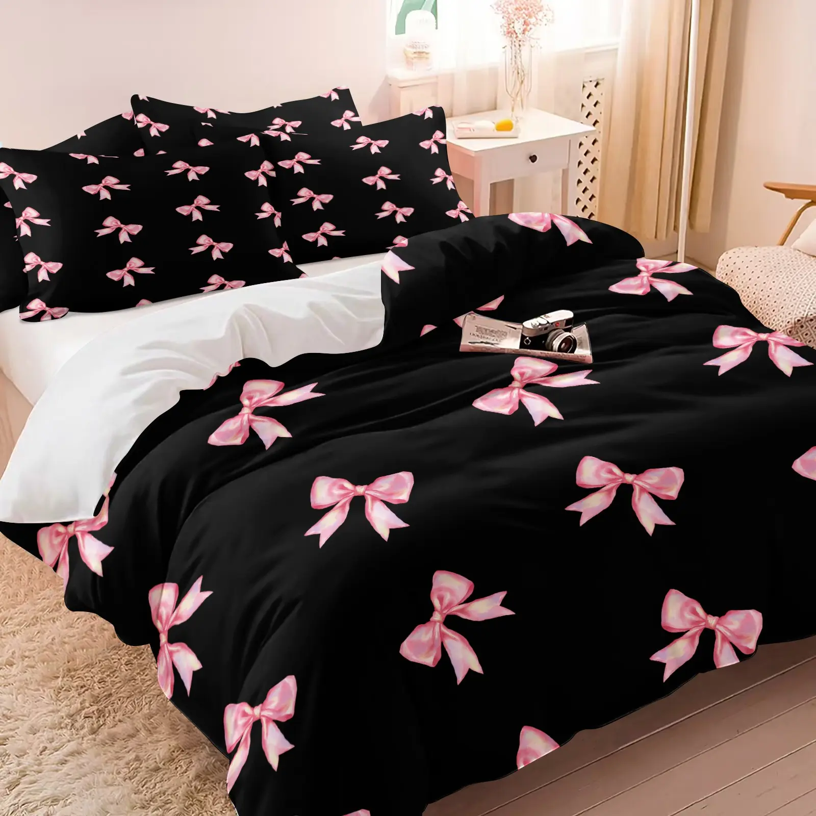 Pink Black Bow Duvet Cover For Kids Boys Girls Twin Size Cute Dreamy Princess Style Bedding Set Ultra Soft Bow Pattern Comforter Cover Set Bowknot Bedspread Cover Room Decor Bow (1 Duvet Cover + 1-2 Pillowcases)