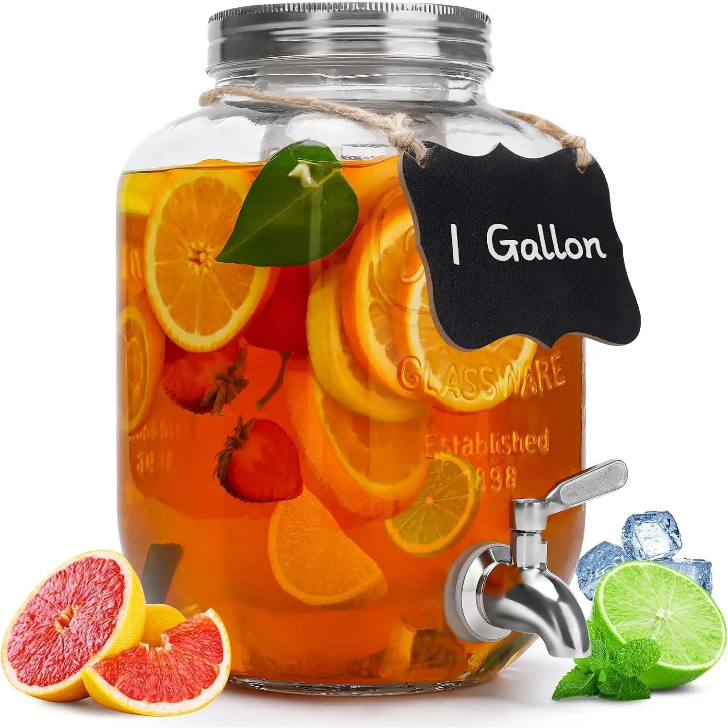 1 Gallon Glass Beverage Dispenser with Lid, Stainless Steel Spigot, Glass Drink Dispensers for Parties, Lemonade Dispenser With Ice Cylinder for Weddings, Party,Sun  Jar, Water Juice Dispensers
