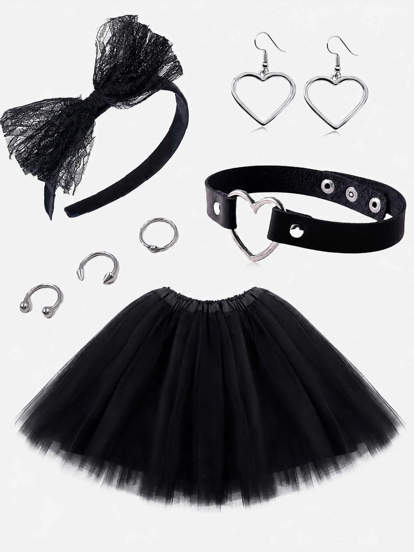 8Pcs Gothic E-Girl Outfit Accessories Set for Women, Black Lace Bow Headband Heart PU Leather Choker Earrings Tutu Skirt Punk Body Rings Pack, Alt Grunge Cosplay Halloween Rave Costume