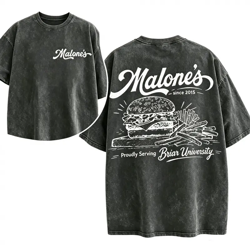 Women's Malone's Burger Classic Casual Tee - Hockey Movie, Briar University Hockey Team Merch - Acid Wash, Relaxed Fit, Retro Vibe Unisex Heavy Cotton Hoodie