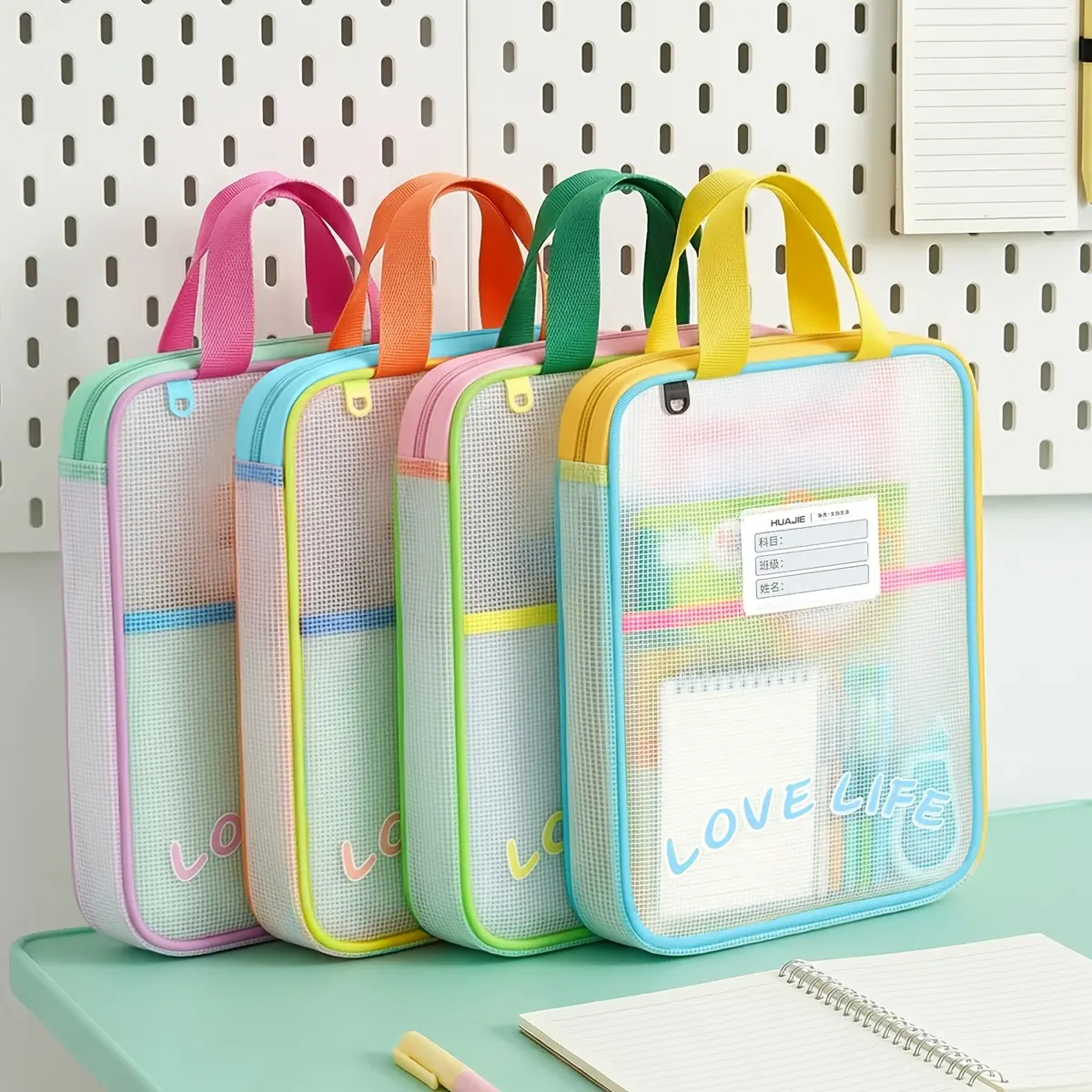 1/2Pcs Colorful Portable L‑Type Mesh Handheld File Tote Bag, Zipper Subject Sorting Document Pouch With 3‑Layer Wide Opening Design, Homework Tutoring Carry Bag for Kids, Store Exam Papers Exercise Notebooks and School Stationery