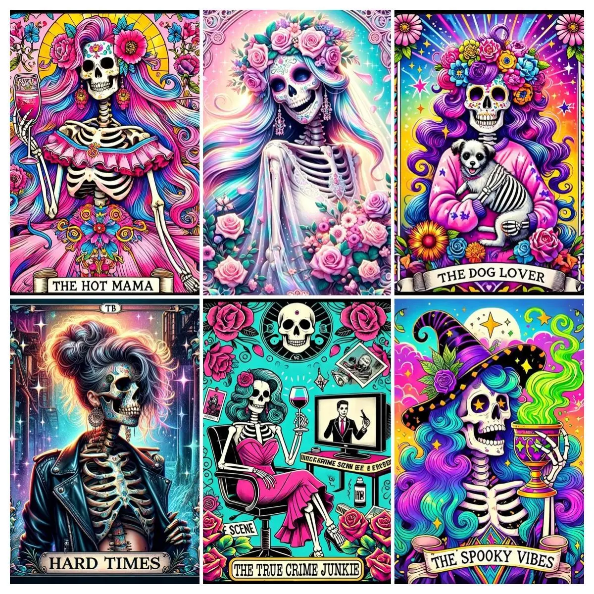 6-Piece 5D Full Square-Round Rhinestone Diamond Art Kit, Tarot Sugar Skull Skeleton Lady Day of the Dead Floral Canvas Craft Set for Adults, Calming Bedroom Wall Decor, Gothic Birthday Gift, Witch Hat Themed DIY Needlework