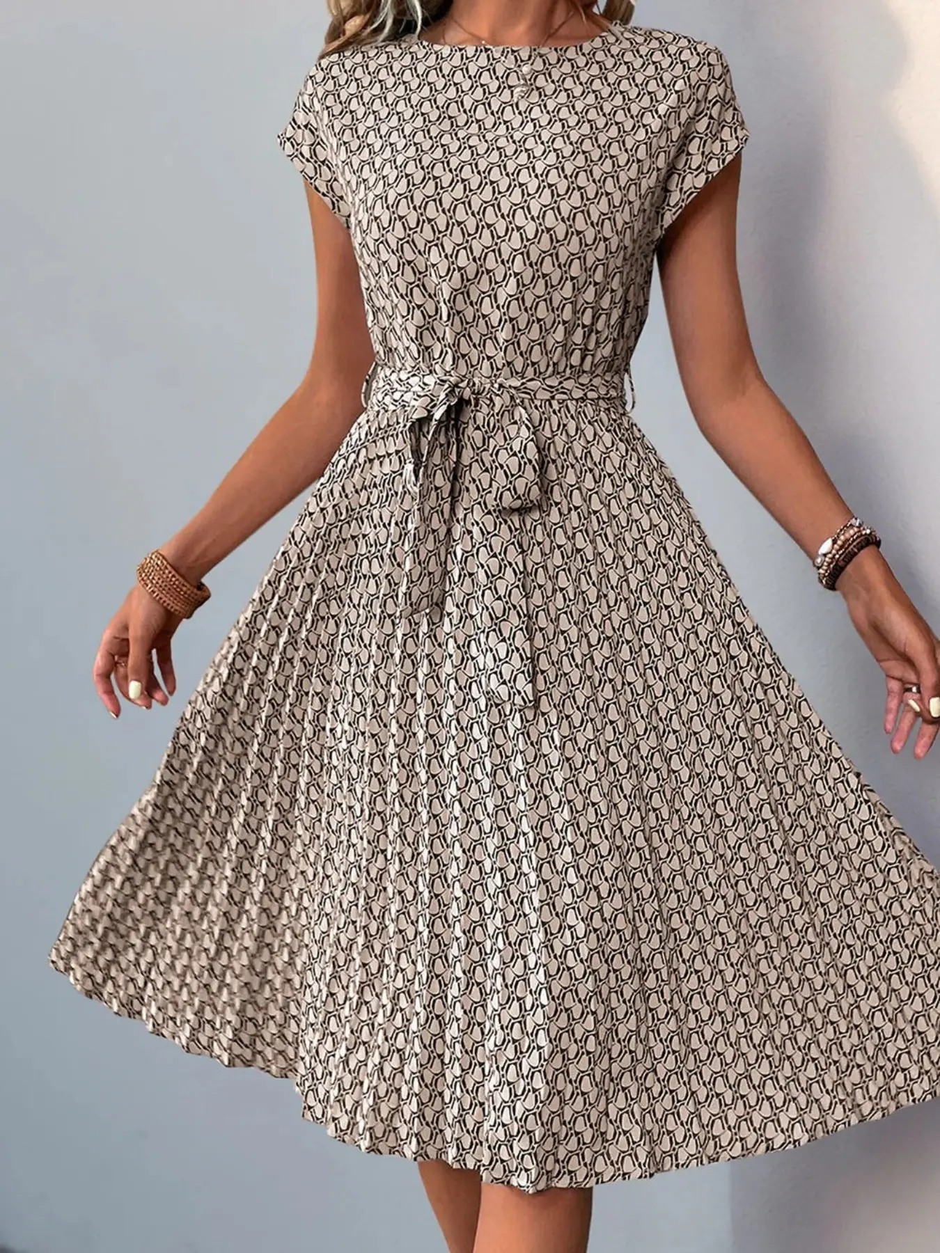 Elegant, Chic Women's Full Print Pleated Dress, Waist Cinch Tie Slimming A-Line Midi Dress, Fashionable and Comfortable Daily Wear Day Dress, Womenswear