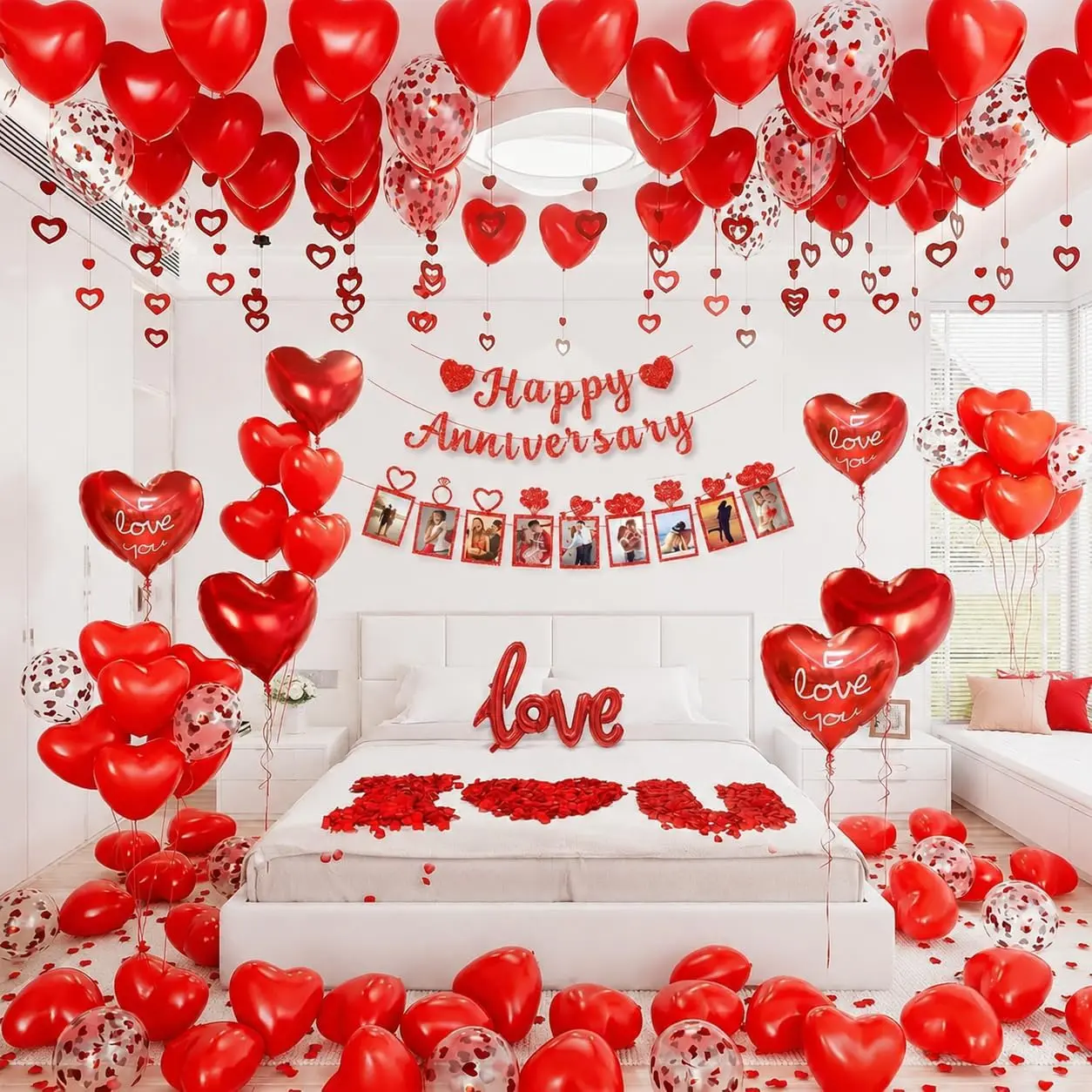 Happy Anniversary Decorations Kit with Balloons, Happy Anniversary Banner,  Balloon, Photo Banner, Rose Petals, Valentines Balloons for Wedding, Valentine's Day