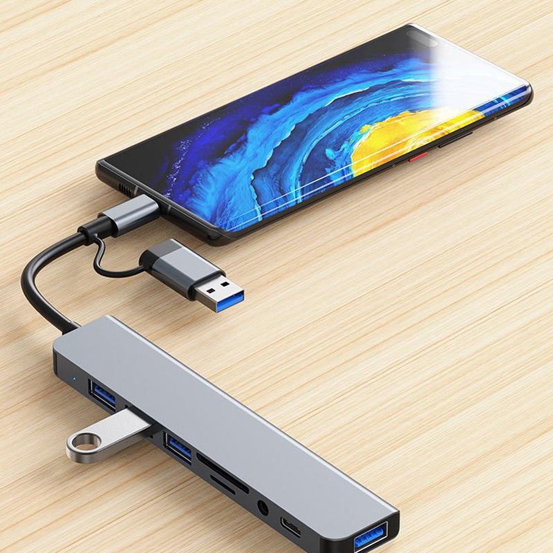 usb c adapter 8 in 2 USB +Type C HUB Docking Station with 3.5mm Audio Jack Adapter Micro SD Card Reader Laptop Tablet Phone Disk Converters