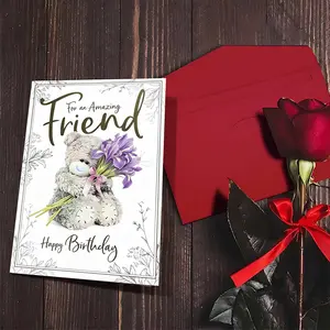 2Pcs (1cards + 1red envelopes) Birthday cards to best friends Teddy Bear Hug Purple Iris branches and leaves decoration is suitable for all festivals