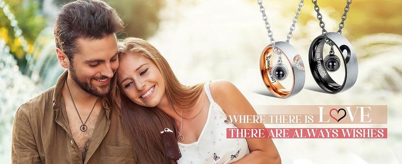 Couple Projection Necklaces 100 Languages I Love You Pendant Set Matching Promise Rings with Love You Forever Inner Engraving Stainless Steel Hypoallergenic Gift for Him and Her