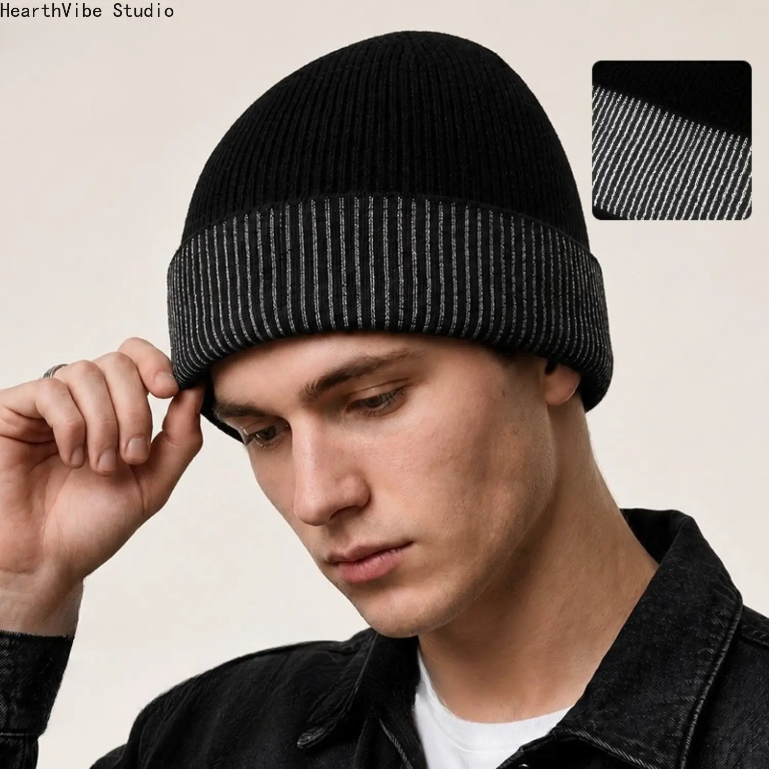 Men's & Women's Reflective Winter Cuffed Cap - Ribbed Knit Skull Cap, High Visibility Stripe, Soft Warm, All Seasons Cold Weather Night Running Sports Safety Gear