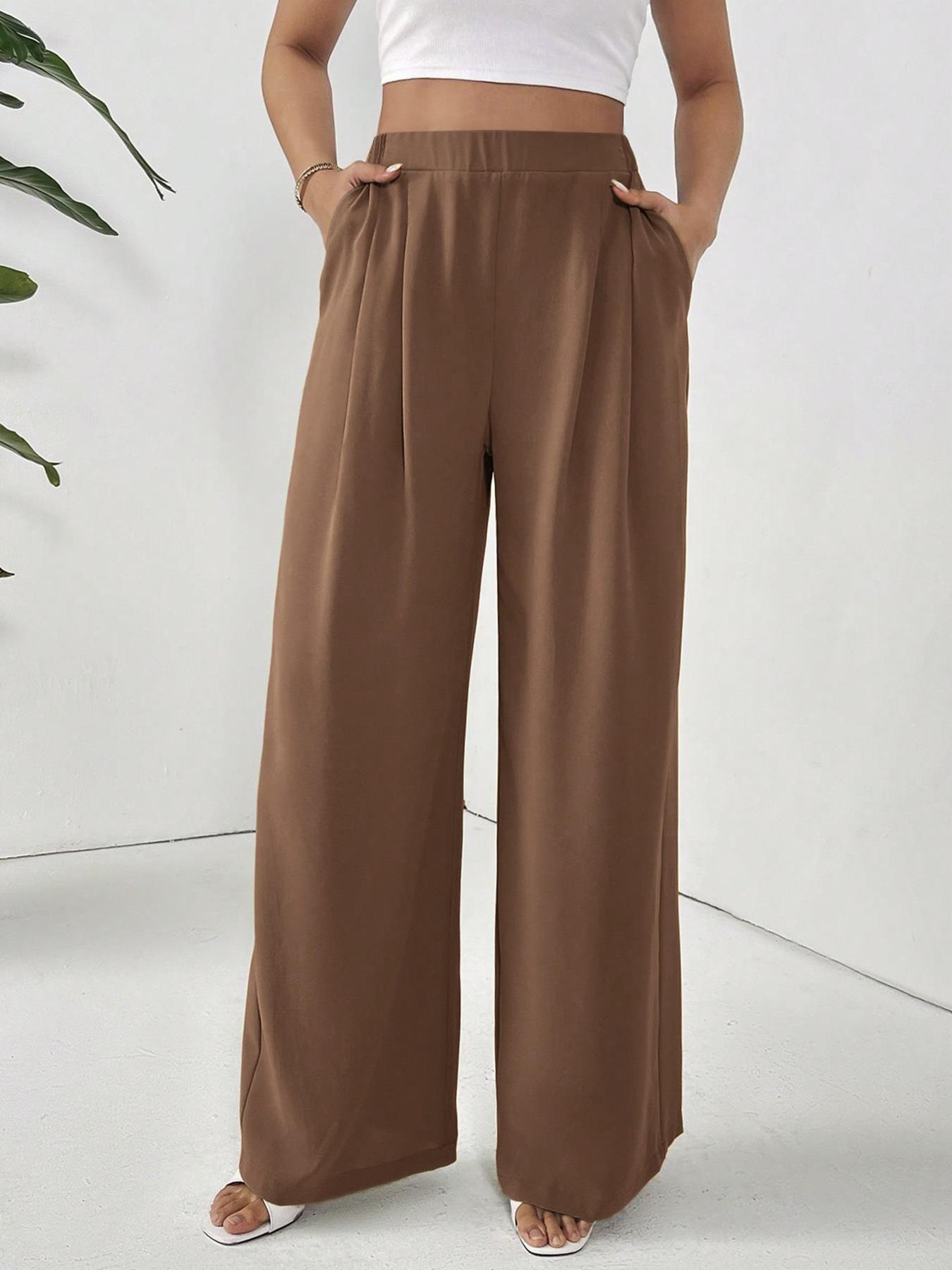 Women's Solid Pocket Wide Leg Pants, Casual Comfy Trousers for Daily Wear, Ladies Bottoms for All Seasons