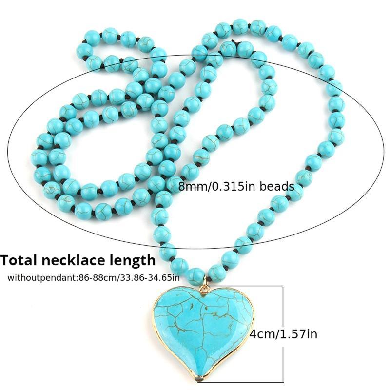 Women's Boho Vintage Turquoise Heart Beaded Pendant Necklace - 86-88cm Layered Chain, Allergy-Safe Blue Gemstone Artistic Coastal Boho Statement Costume Jewelry, Festival Beach Vacation Gifts, Boho Necklaces, Blue Gemstone Necklaces