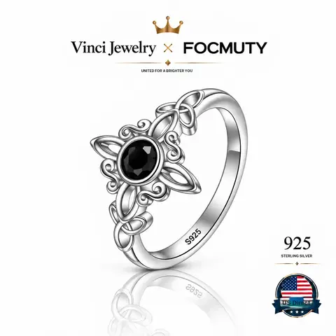 FOCMUTY 925 Sterling Silver Witch Knot Ring Celtic Trinity Knot Ring for Women, Witches Pagan Wicca Moon Irish Celtic Jewelry, Nudo de Bruja Plata 925 Original, Hecate Goddess of the Moon, Black CZ Dark Fantasy, Protection and Mysticism Amulet Gift