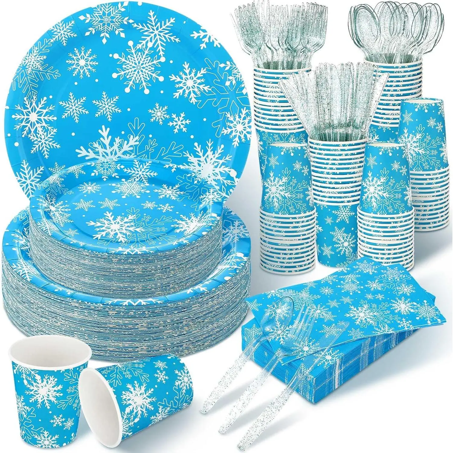 400 count Winter Dinnerware Set Disposable Winter Plates and Napkins Set Serve 50 Christmas Paper Dinner Plates Napkins Cup Christmas Party Supplies for Holiday(Blue,Snowflake)