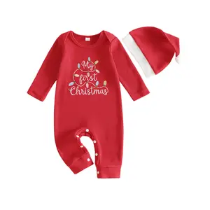 Infant Baby Boy Girl Christmas Romper Letter Embroidery Long Sleeve Jumpsuit with Hat 0-18 Months