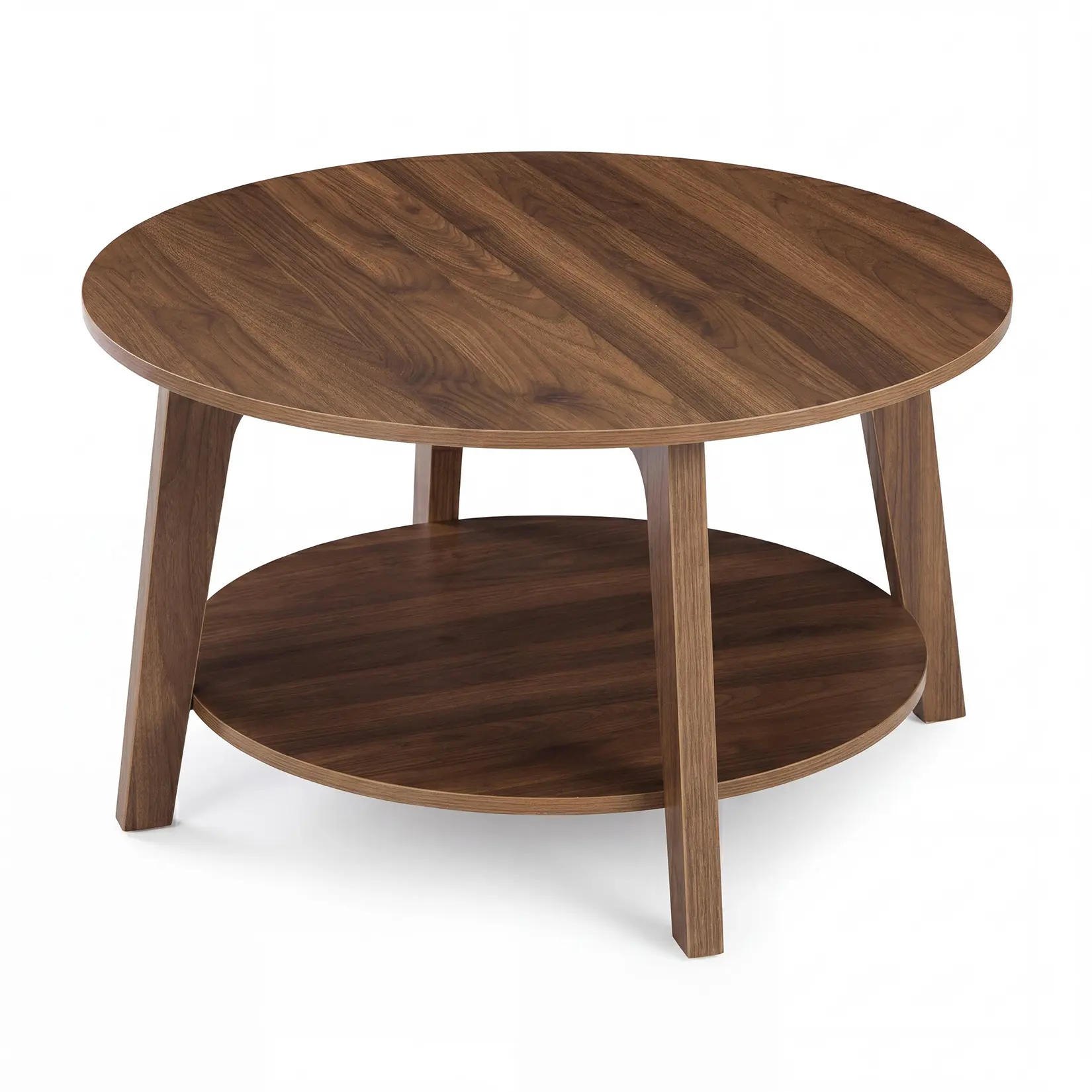 Walnut Brown Round Coffee Table with Storage, 2-Tier Modern Coffee Table with Open Shelf & Curved Legs, Accent Center Table for Living Room, Apartment, Office