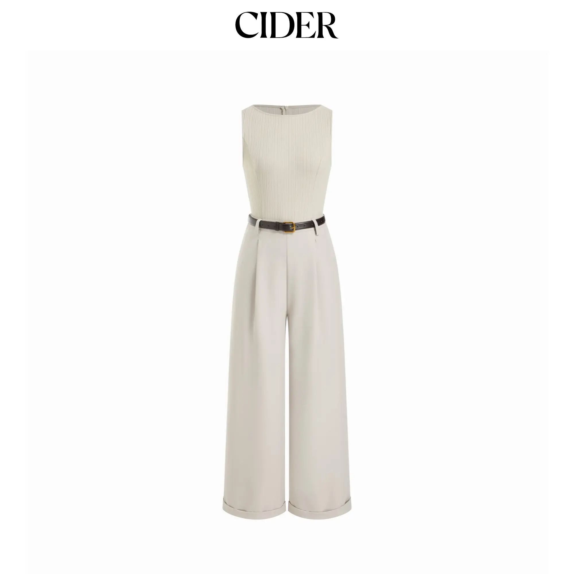 Cider Textured Boat Neck Mid Rise Straight Leg Jumpsuit With Belt