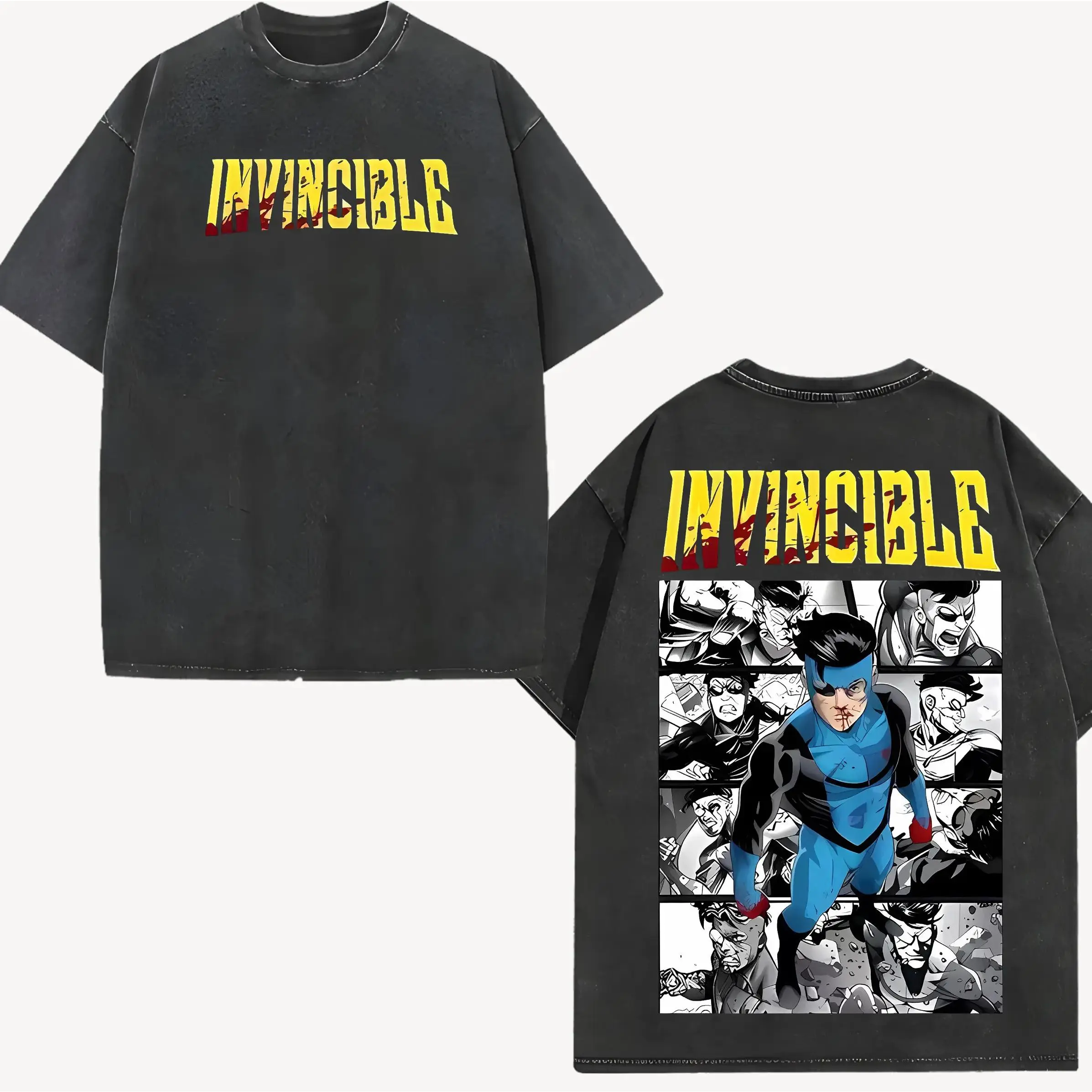 100% Cotton Washed T-ShirtPure Cotton Washed T-ShirtSuperstyle Limited Edition Emperor Mark Grayson Invincible War Comic Double Printed Oversize Lightweight Acid Washed Tee TV Series Graphic Tee T-Shirt