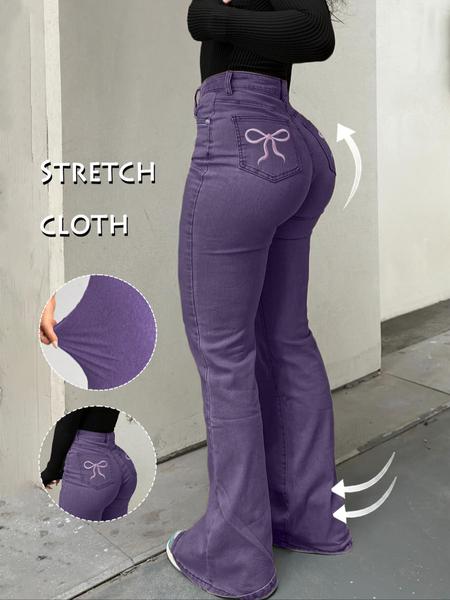 GILIPUR Y2K Women's Casual Denim Flared Pants Back Pocket Embroidered Bow Mother Stretchy Jeans Comfortable And Fashionable Women's Pants For All Seasons Stretchy Jeans Flared Pants Starched Stretchy Jeans Girls Stretch Stretchy Jeans