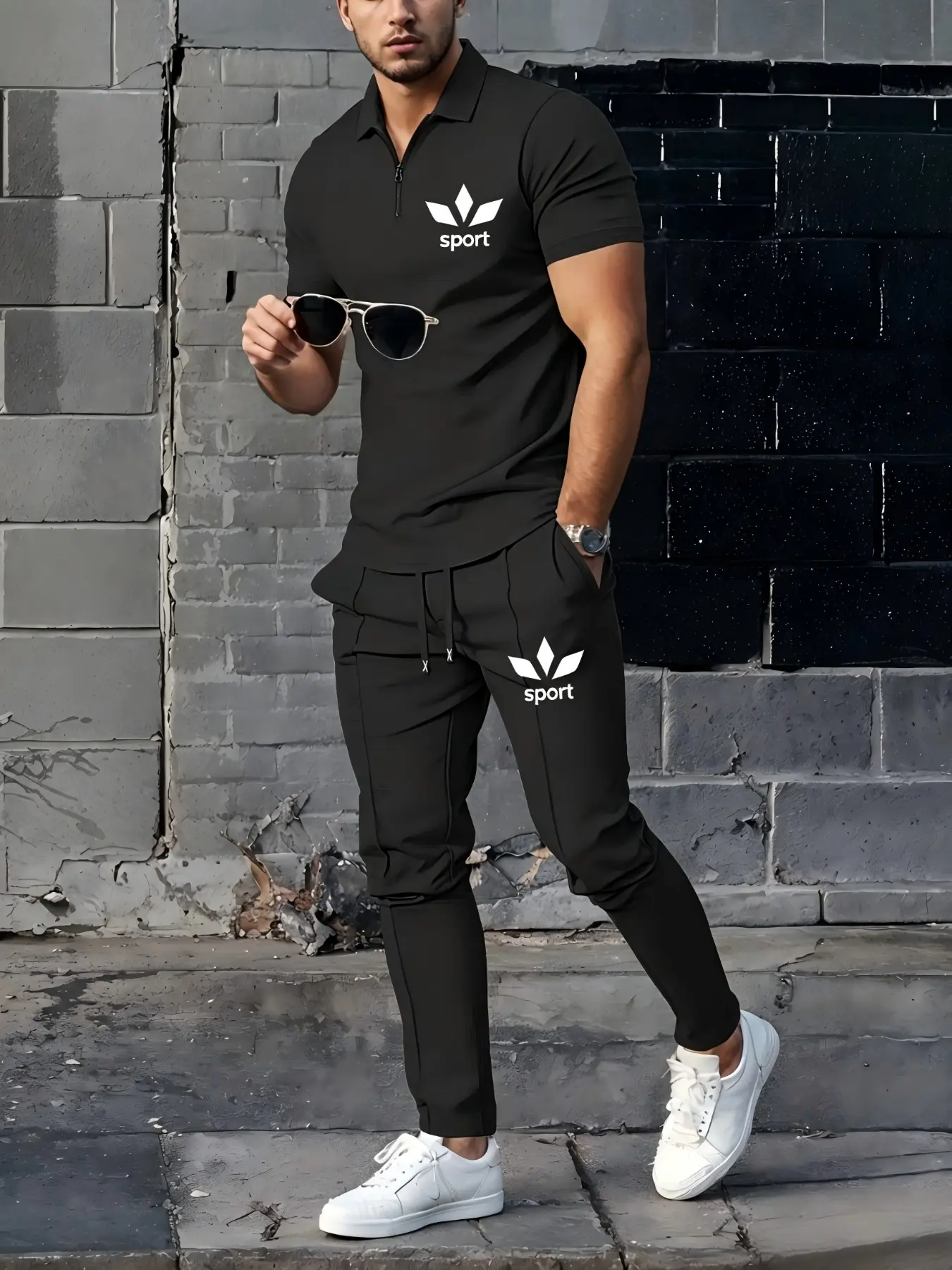 Men's Half-Zip Polo Shirt Set, Summer Casual Sport Two-Piece, Slim Fit Cuffed Long Pants, Comfortable and Stylish