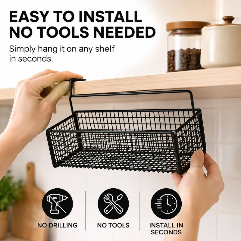 Black metal cable storage basket, wall-mounted hanging storage basket, kitchen storage cabinet stand, suitable for spices, seasonings and kitchenware, multi-functional mesh storage box, for kitchen and home item organization Wire Basket Organizer