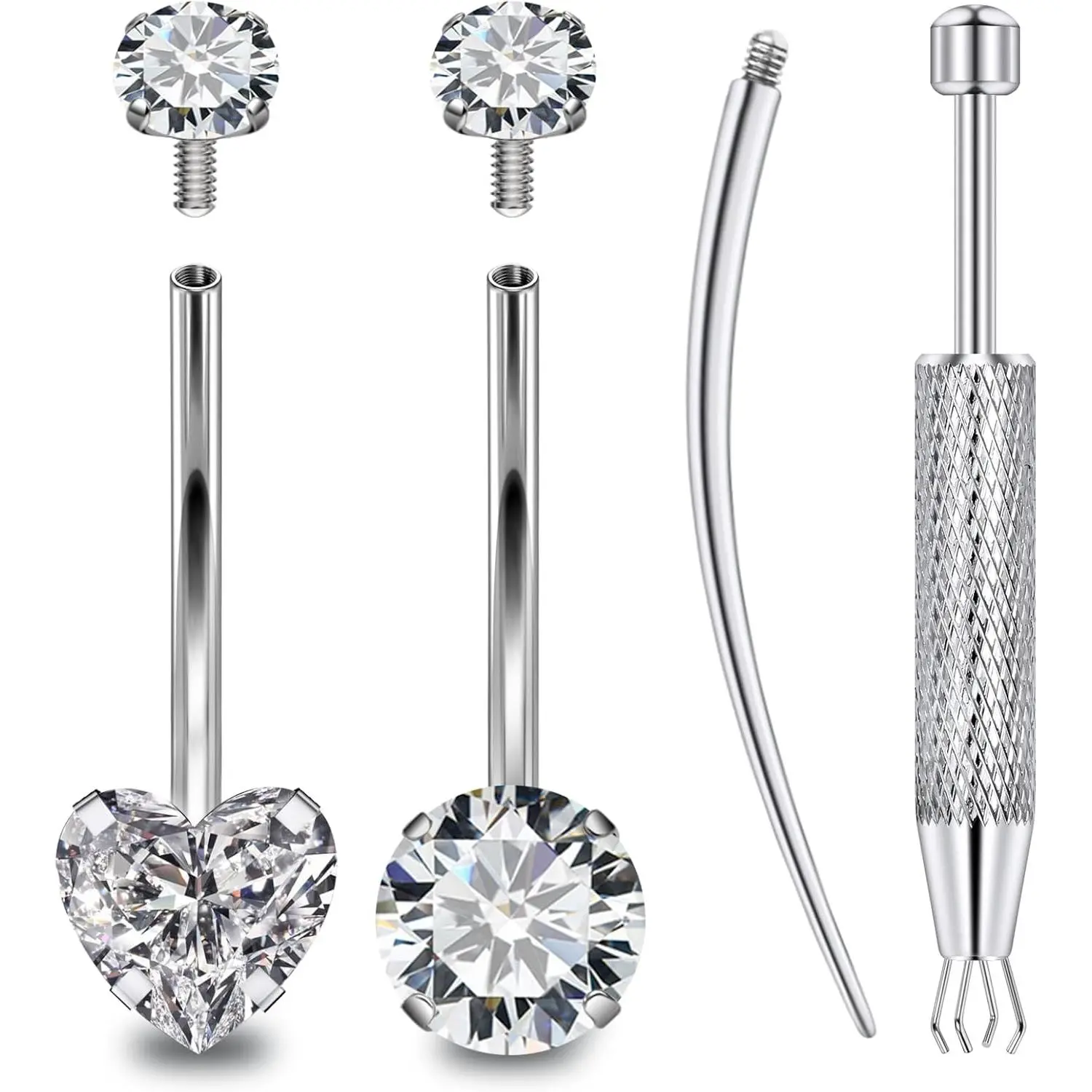 Long & Extra Long Bar Belly Button Ring Internal Thread Hypoallergenic Surgical Stainless Steel 14mm 16mm 14 Gauge Navel Rings Cubic Zirconia Buuton Body Piercing Jewelry for Women Men