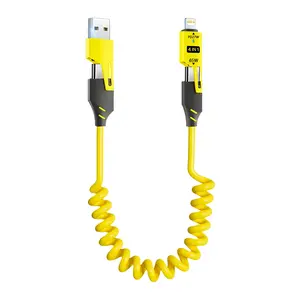 4-in-1 65W Fast Charging Cable, Retractable Spring Design for Ultra-Fast Power Transfer and Data Sync, Multi-Port Cable Compatible with iPhone, iPad, Samsung, Xiaomi, Huawei and Oppo