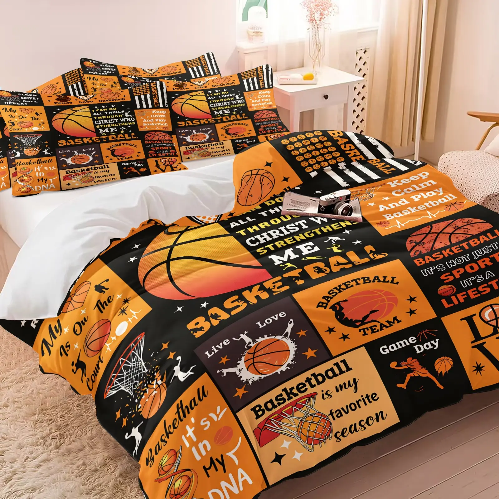Black Orange Patchwork Basketball Inspirational Quote Duvet Cover Set, Basketball Sports Themed Inspirational Slogan Pratten, Soft Breathable, Includes 1 Duvet Cover and 1-2 Pillowcases, Gift for Teen Boys, Basketball Lovers