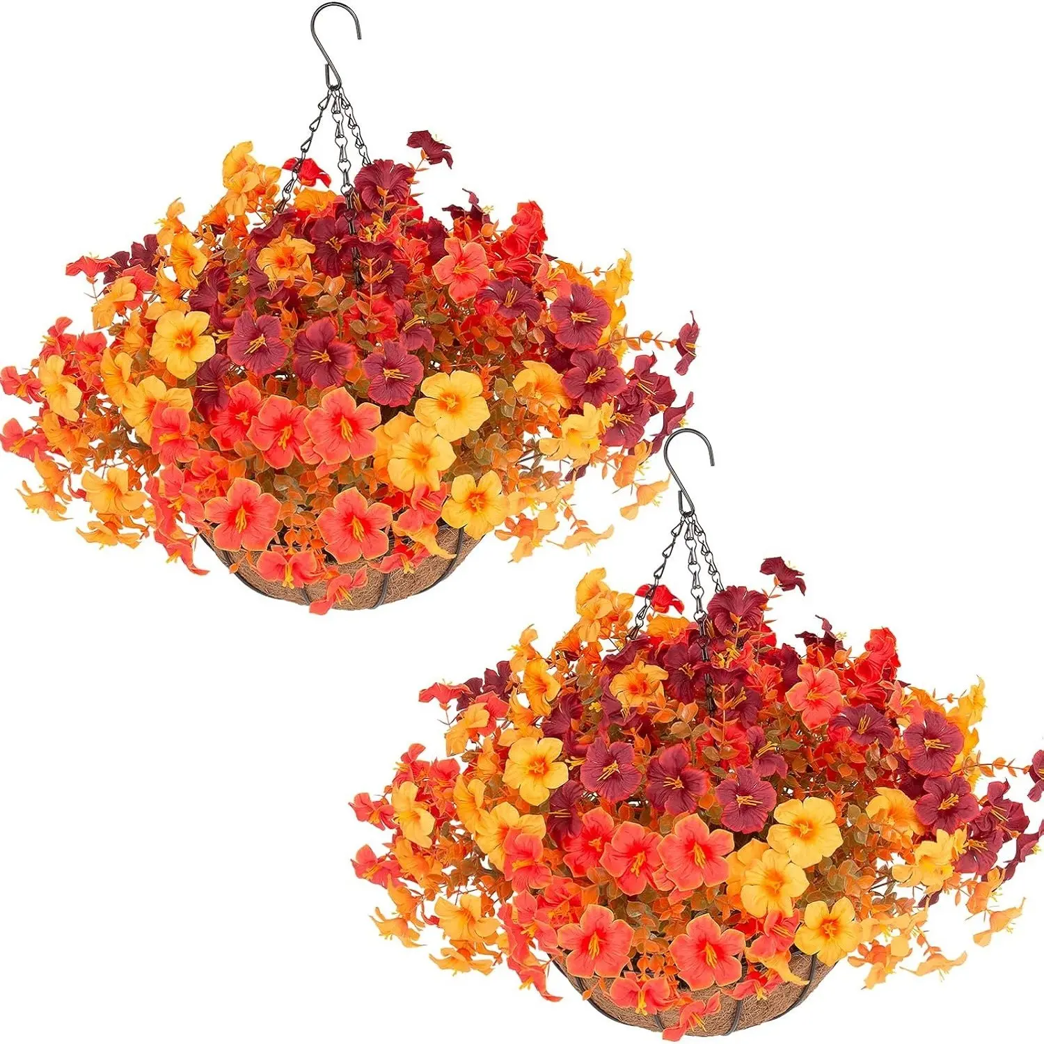 2 Set Artificial Faux Plants Outdoor Fall Flowers with Hanging Baskets, 24 Pcs Faux Petunias Flowers with Hanging Planter for Outside Porch Yard Garden Autumn Decor (2, Orange)