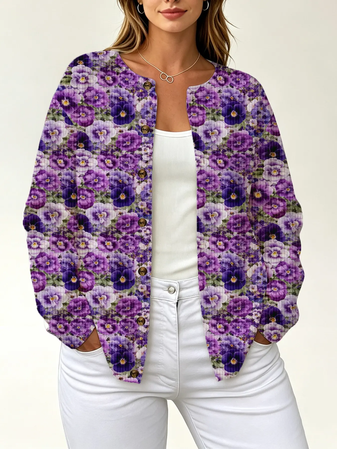 Women's Vintage Floral Knit Cardigan, Long Sleeve Loose Fit, Fall & Winter Casual Outerwear, All over Print, H-Type Silhouette