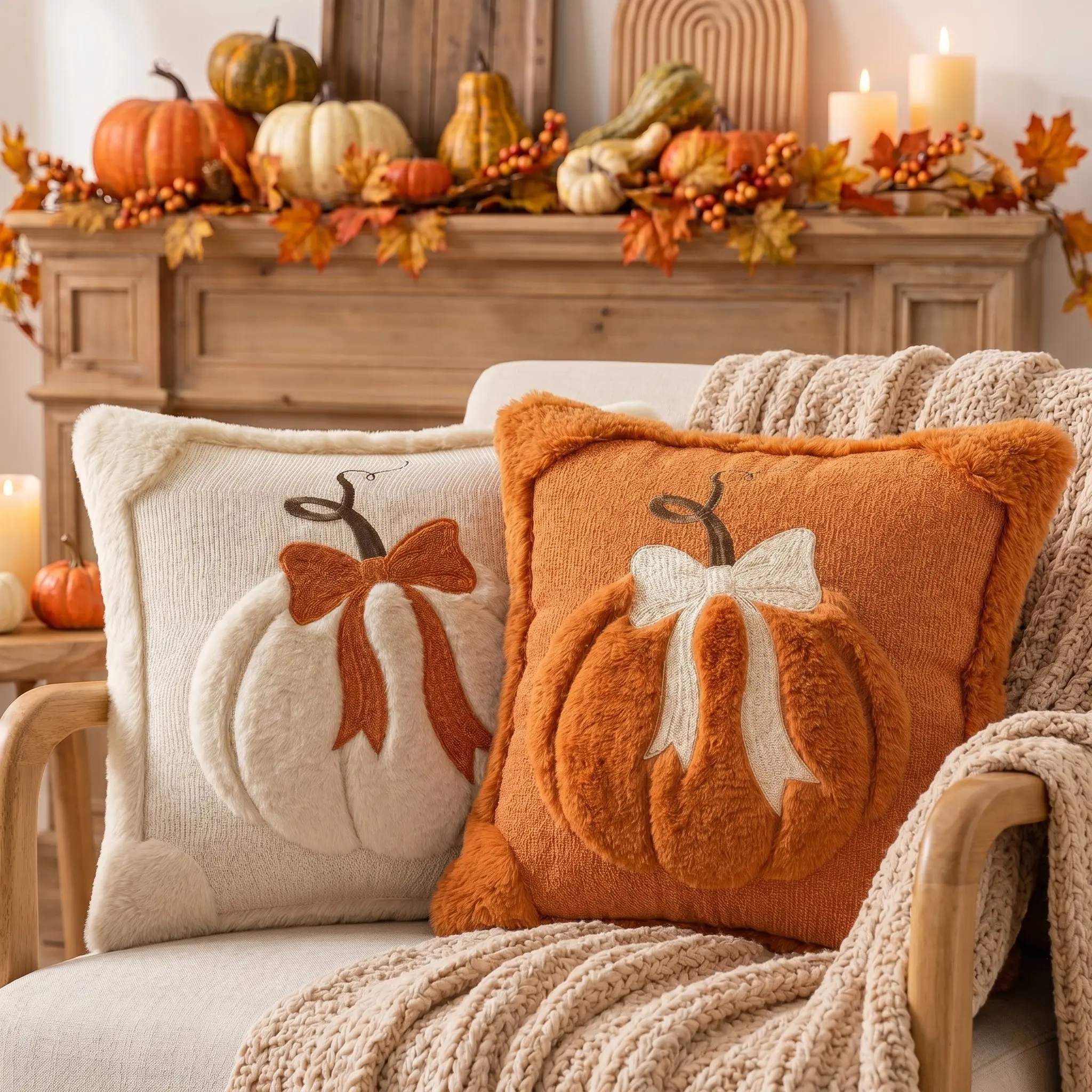 2pcs Fall Pumpkin Throw Pillow Covers, Cozy Soft Fuzzy Cushion Case, Autumn Thanksgiving Decorative Pillow Cover, For Farmhouse Living Room Bedroom Couch Sofa, Home Decor Room Decor Party Decor Bedroom Decorative Accessories No Pillow Insert 18x18 Inch