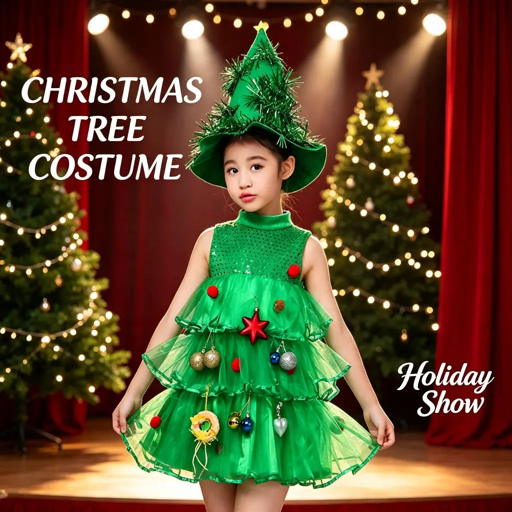 Girls' Christmas Tree Costume Dress - Sleeveless Layered Tulle Dress with Christmas Hat, Kids' Holiday Stage Performance Outfit