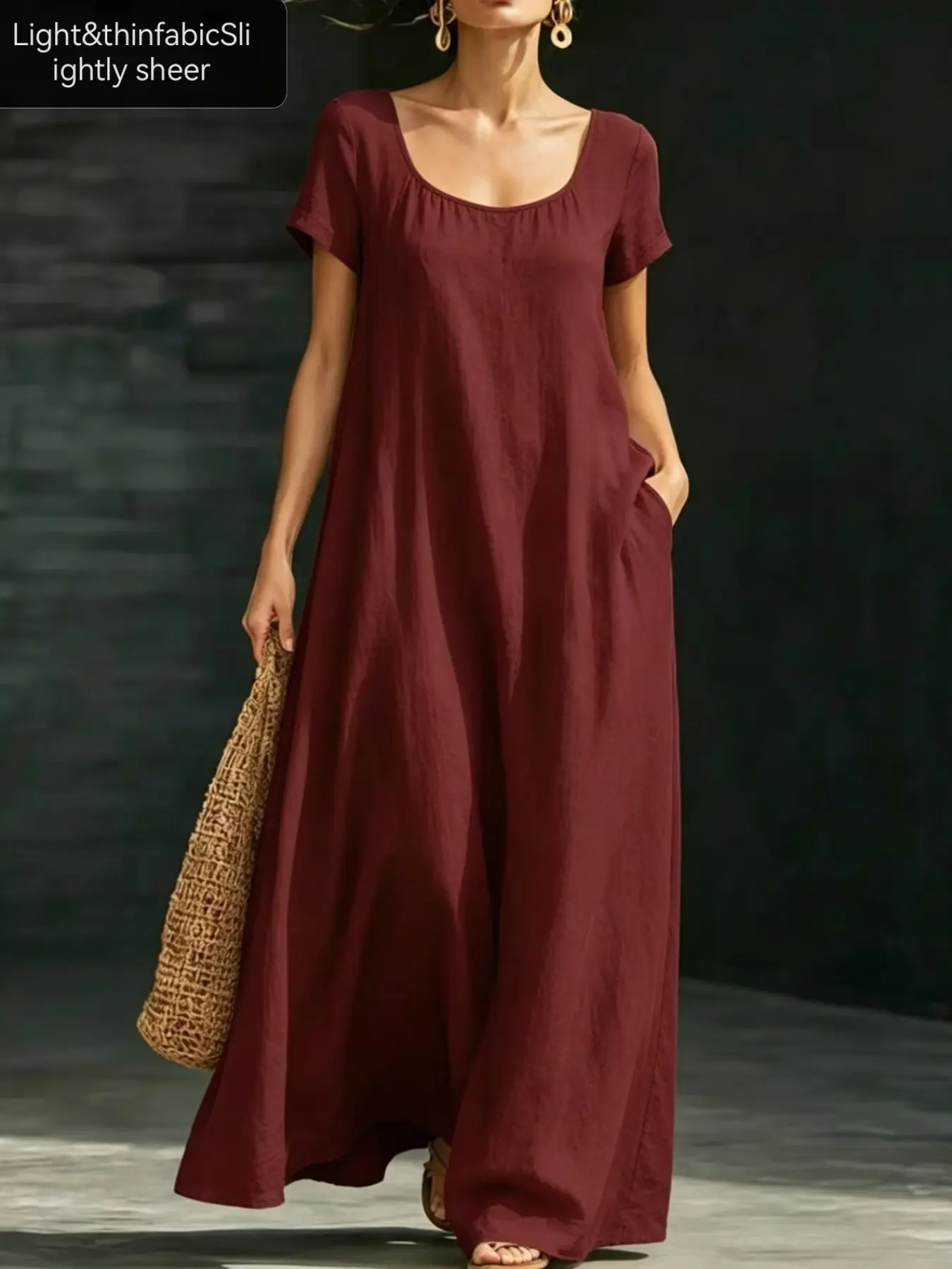 New Summer Vacation Fashionable, Comfortable and Casual Wear Dress, Beach Style Dress, Elegant Minimalist Soft Solid U-Neck Loose Short Sleeve A-Line Dress, Casual Dresses