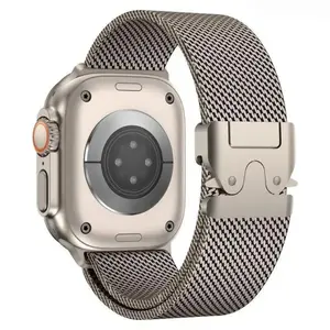Titanium Milanese Loop Apple Watch Strap, Secure Parachute Buckle Metal Watch Band Compatible with Ultra 2, Sizes 42-49mm Trendy Fashion Accessory