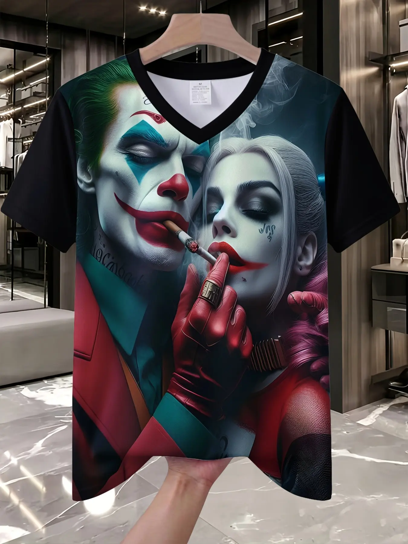 Joker V-Neck T-Shirt for Men/women, Warner Bros. Licensed, Geometric Print, Casual Long Sleeve, Perfect for Fitness & Outdoor Activities