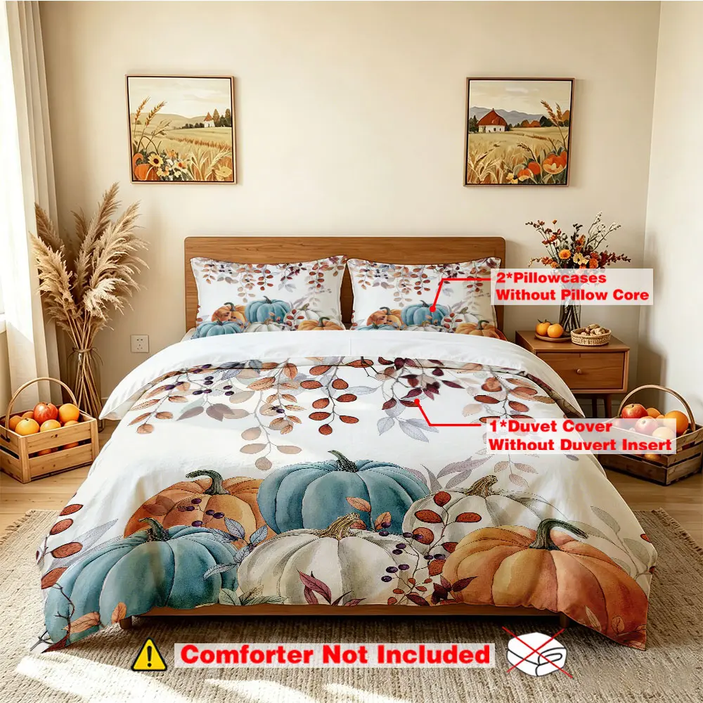 A three-piece bedding set (1 bedspread + 2 pillowcases, no inner core) featuring a watercolor pumpkin leaf design, perfect for various occasions such as hotel bedrooms, dormitories, single beds, and Thanksgiving decorations.