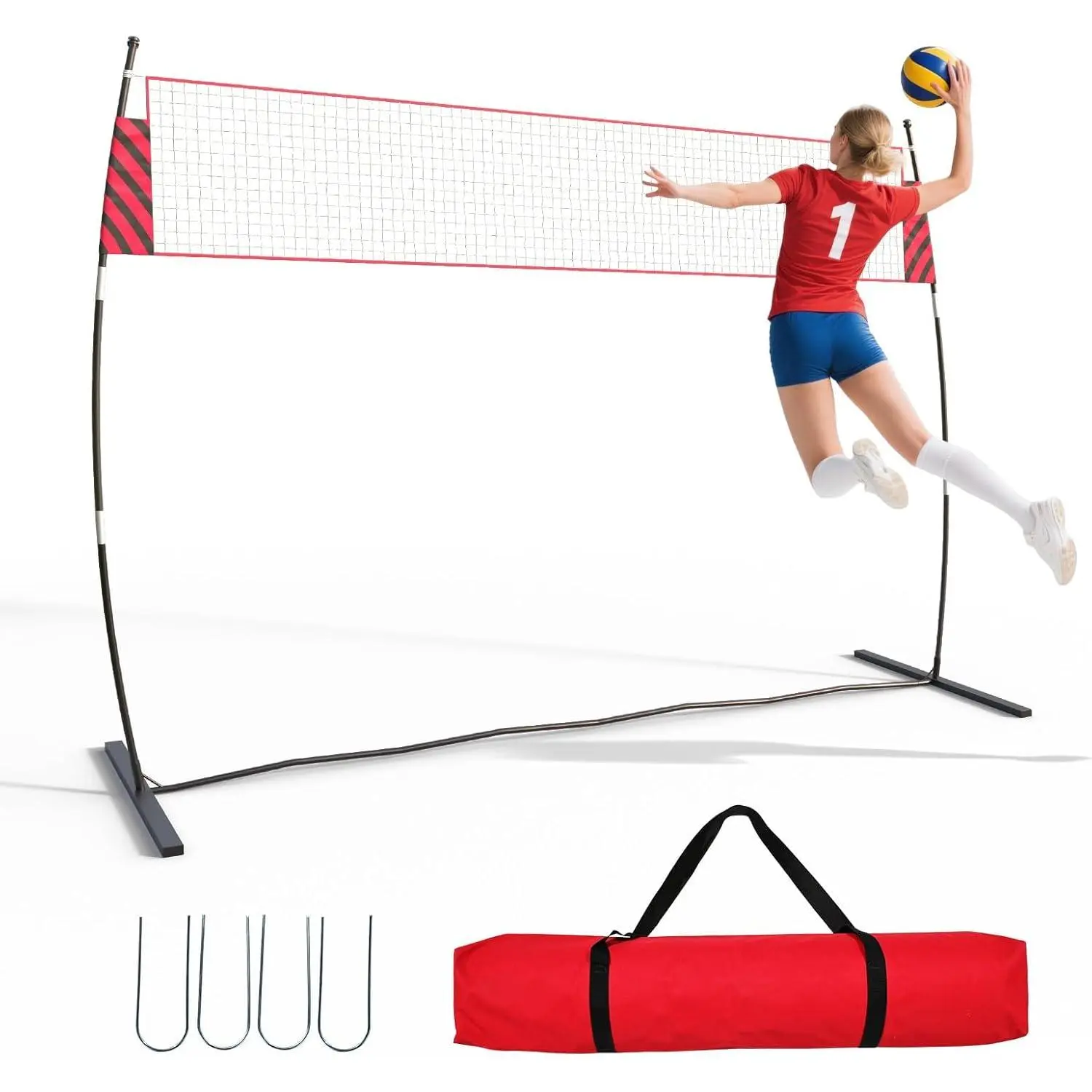 Adjustable Volleyball Net for Backyard & Beach – Portable Freestanding System, Quick Setup, Height Adjustable for Men & Women, Sturdy Fiberglass Poles for Indoor/Outdoor Training, Games, Drills