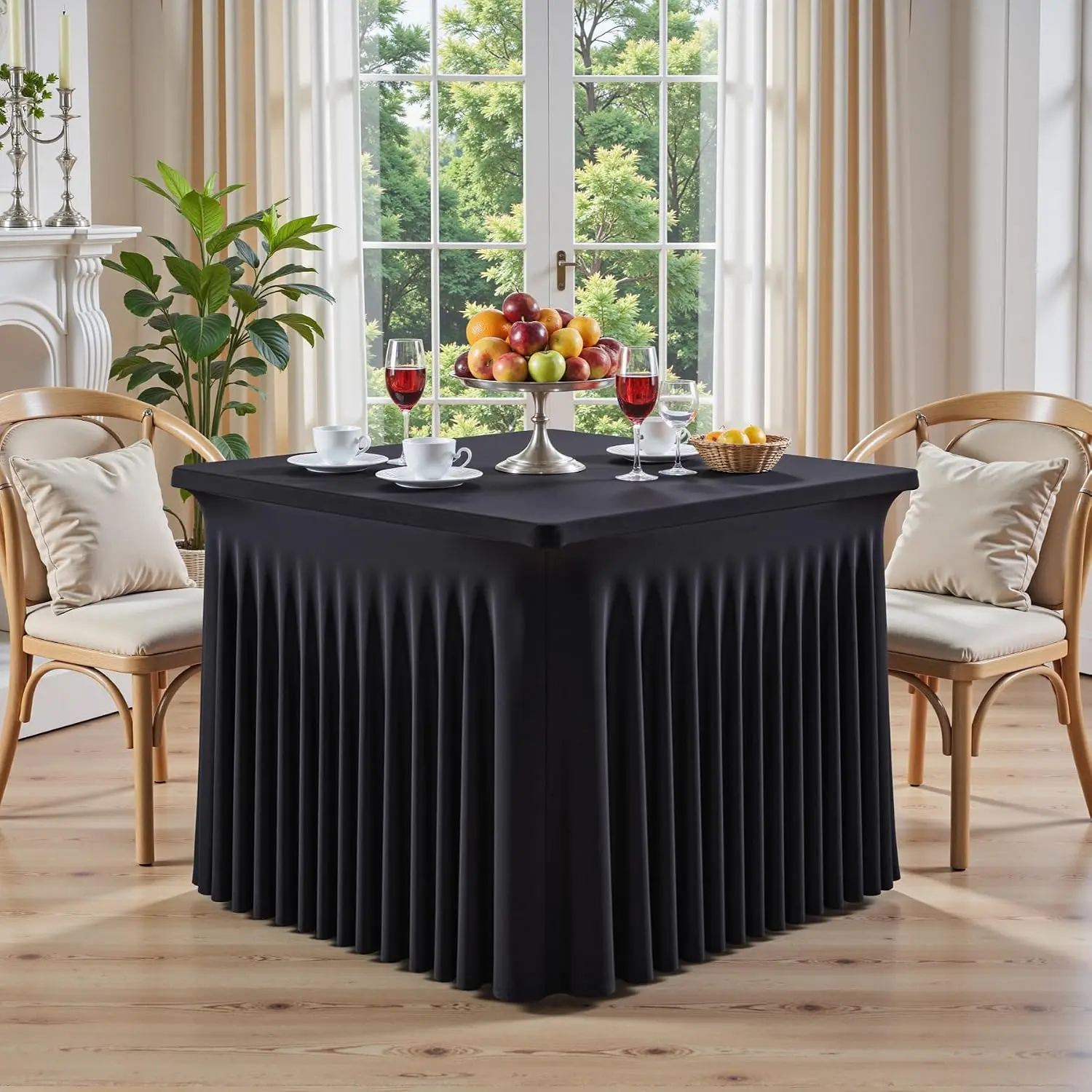 34x34 Inch Black Spandex Square Fitted Tablecloth - Stretch Elastic Table Cover Wrinkle‑Resistant Washable Fabric Table Cloth for Folding Card Tables,Trade Shows,Weddings,Parties & Banquets