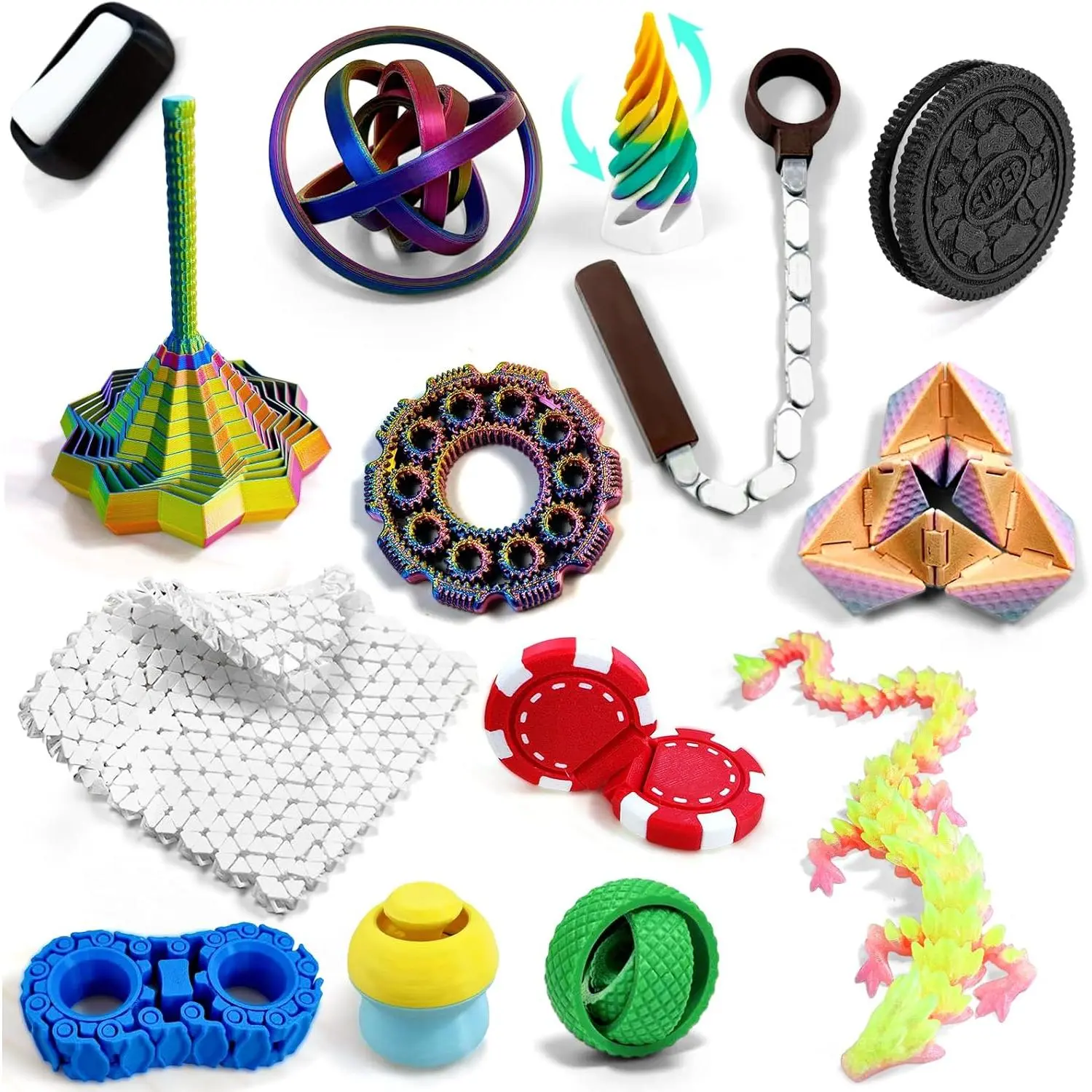 14-in-1 3D Printed Fidget Set for Adults - Sensory Anxiety Relief with Clicker, Articulated Dragon, Impossible Pyramid, Gyro Spinner, Poker Chips, Stress Relief Gifts for Men Womenfidget toys
