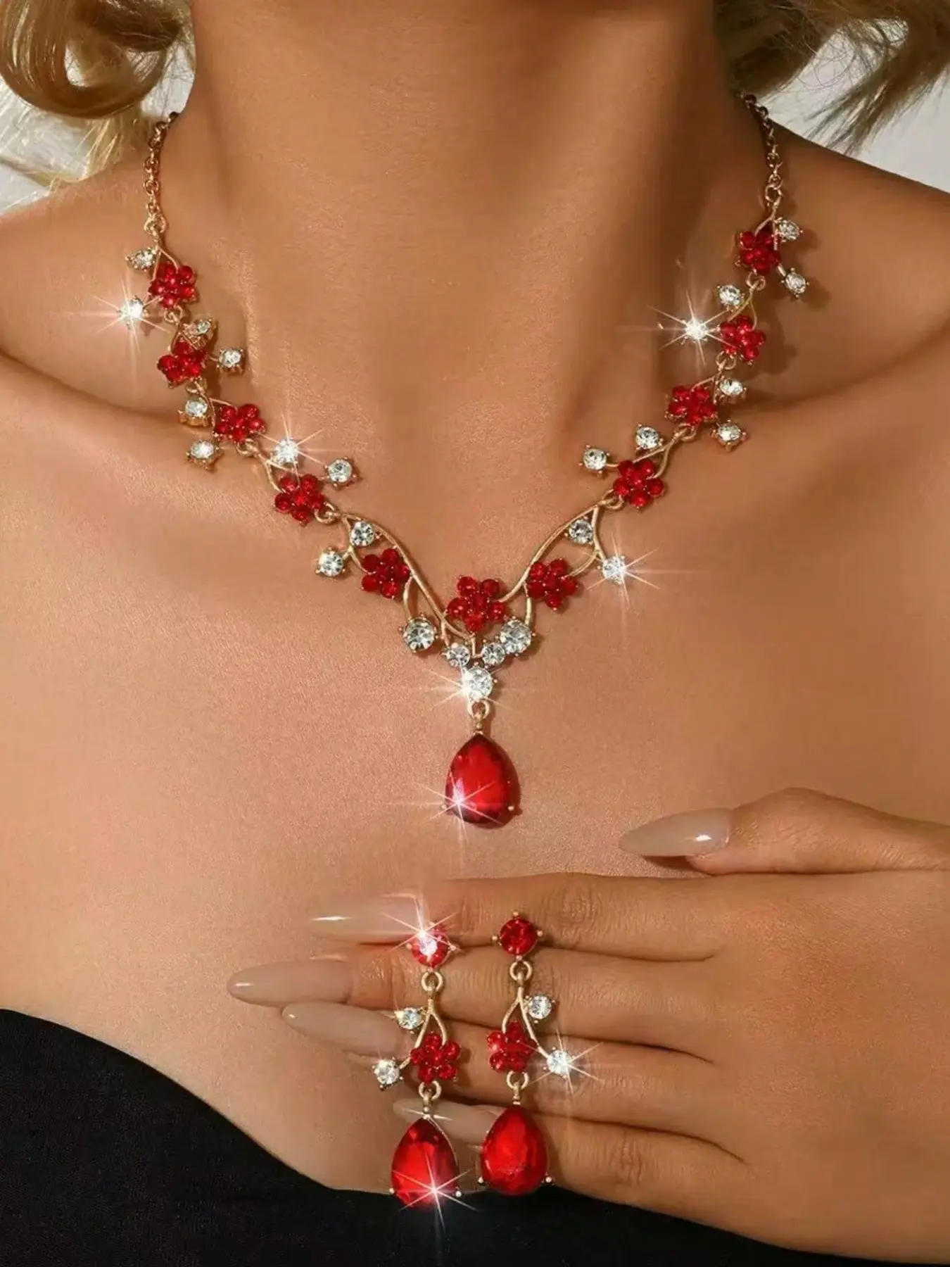 Vintage Diamond Flower Jewelry Set, Zinc Alloy Diamond Teardrop Pendant Necklace Earrings, Bride Wedding Necklace Set