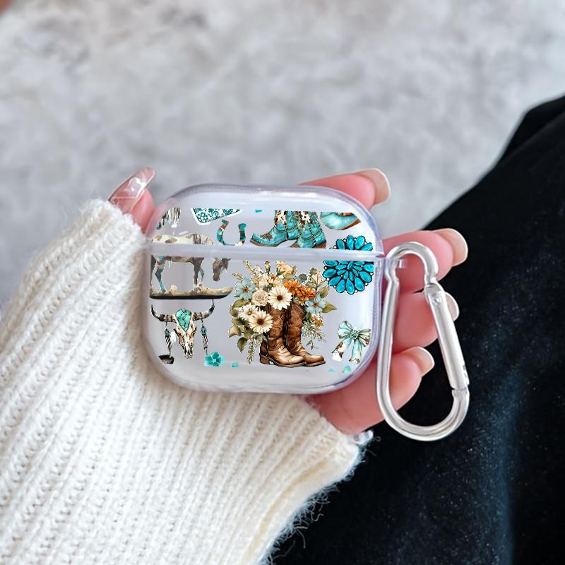 Western Charm Collage Pattern TPU Soft Protective Case for Apple AirPods 4/3/2/1/Pro/Pro2 Transparent Earphone Cover with Keychain Attachment