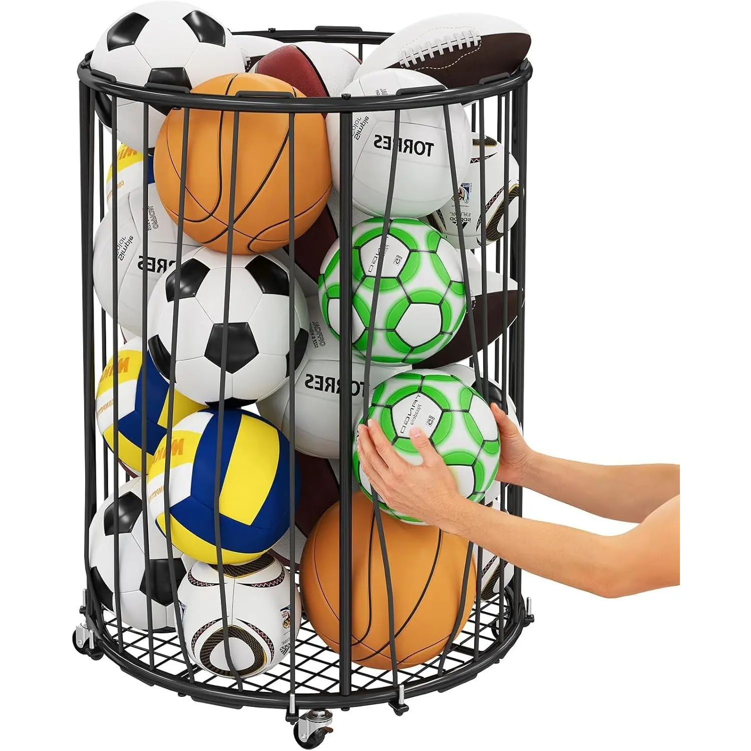 Garage Ball Storage: Round Sports Equipment Organizer with Wheels, Sports Ball Rack With Elastic Rope, Ball Holder for Basketball, Soccer, Volleyball, Football, Garage, Gym, Outdoor (Black)