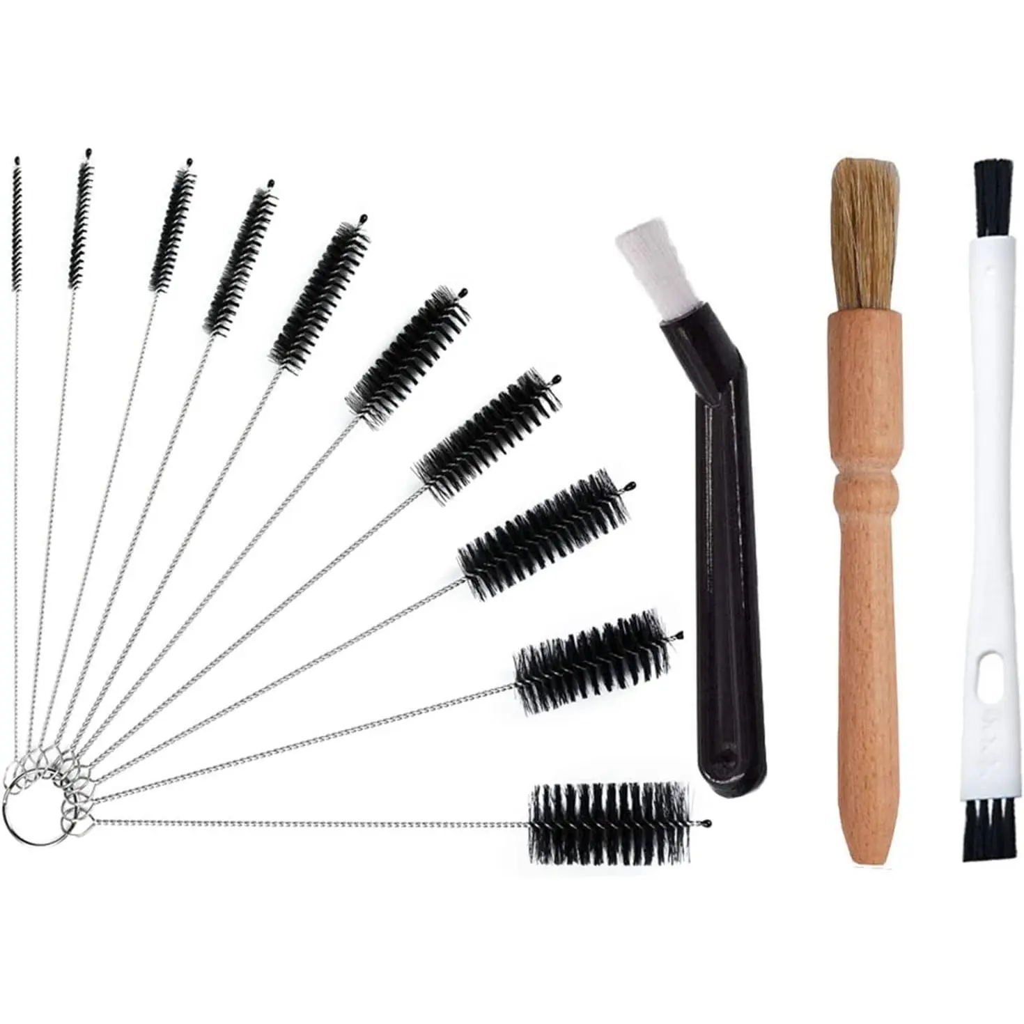 Coffee Brush Set, 13 Pieces Natural Wood & Nylon, Includes Wooden, Plastic, Straw, & Gap Brushes for Espresso Machine Cleaning