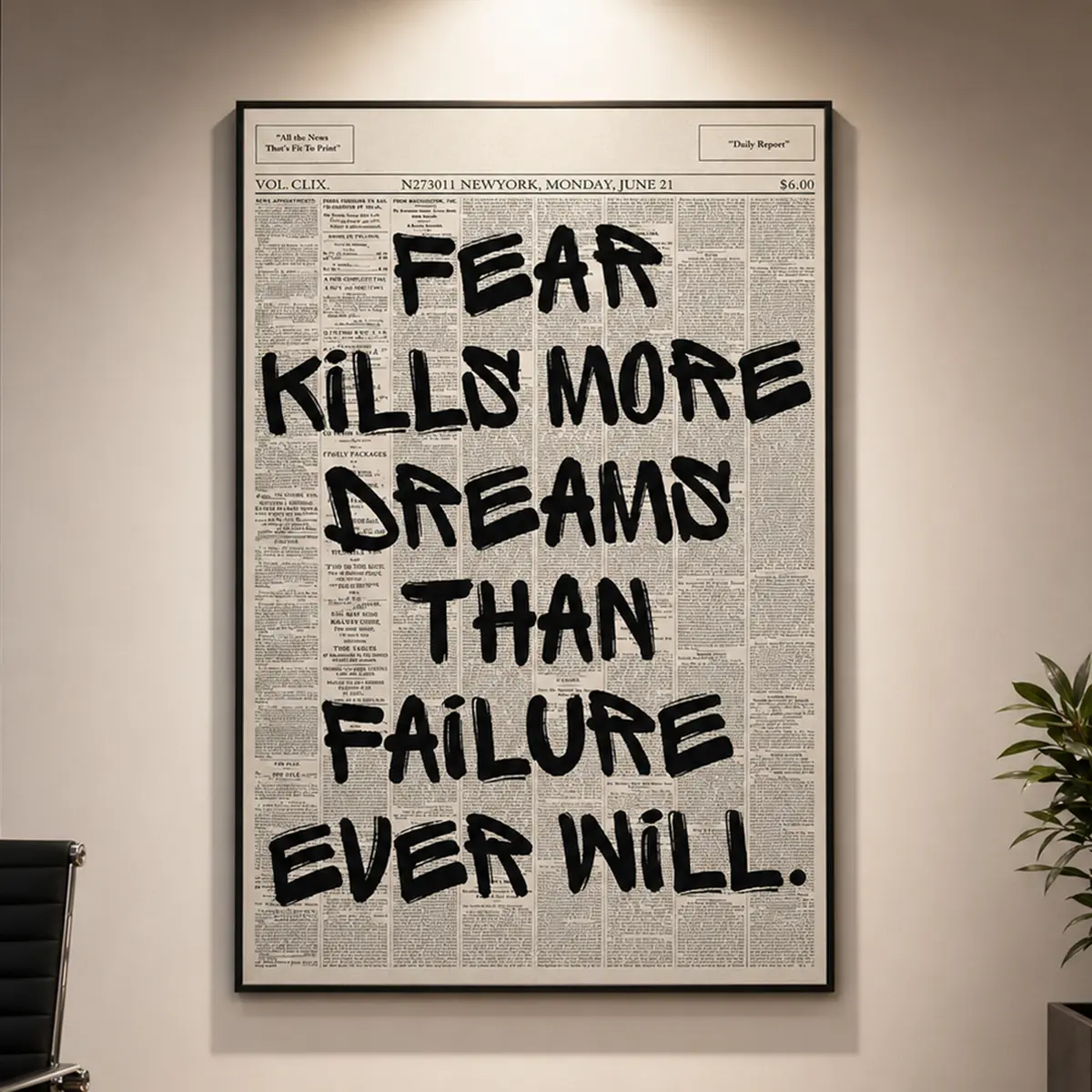 Retro "Fear Kills More Dreams Than Failure" Newspaper Poster, Motivational Wall Art, Typography Print, Inspirational Quote, Office Decor, Success Mindset, Entrepreneur Gift, Vintage Newspaper Art, Voting Reform Poster, Anime Wall Art, Wooden Wall Art