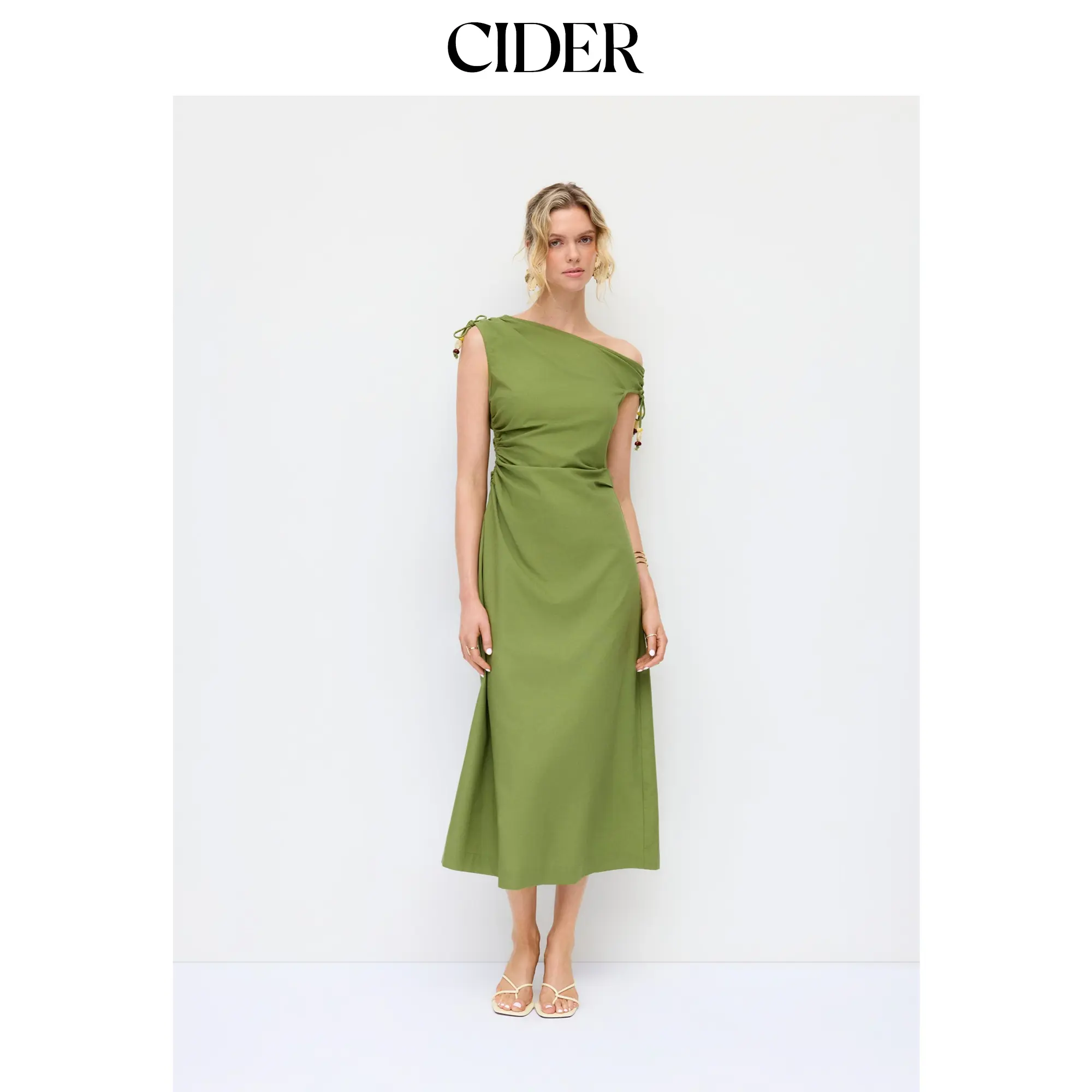 Cider Linen-blend Asymmetrical Neck Ruched A-line Maxi Dress SohoChic